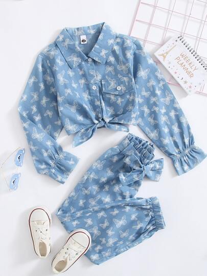 بنطلون جينز بحزام مع قميص جينز بطباعة فراشة شامل للبنات الصغار
