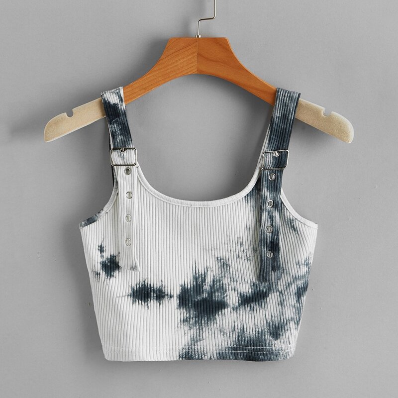 

Tie Dye Ribbed Tank Top, Black and white