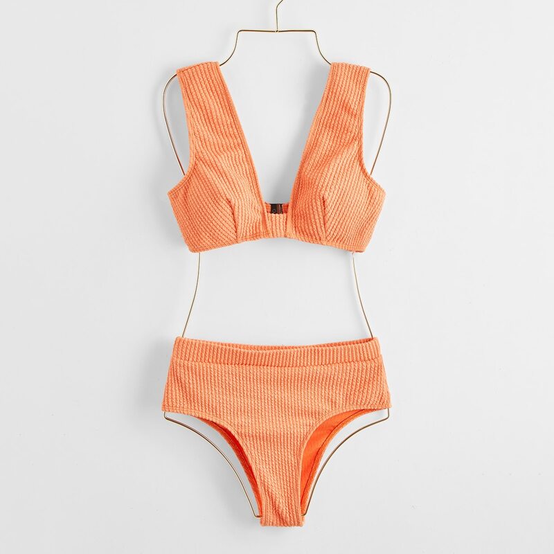 

Solid High Waist Bikini Swimsuit, Orange