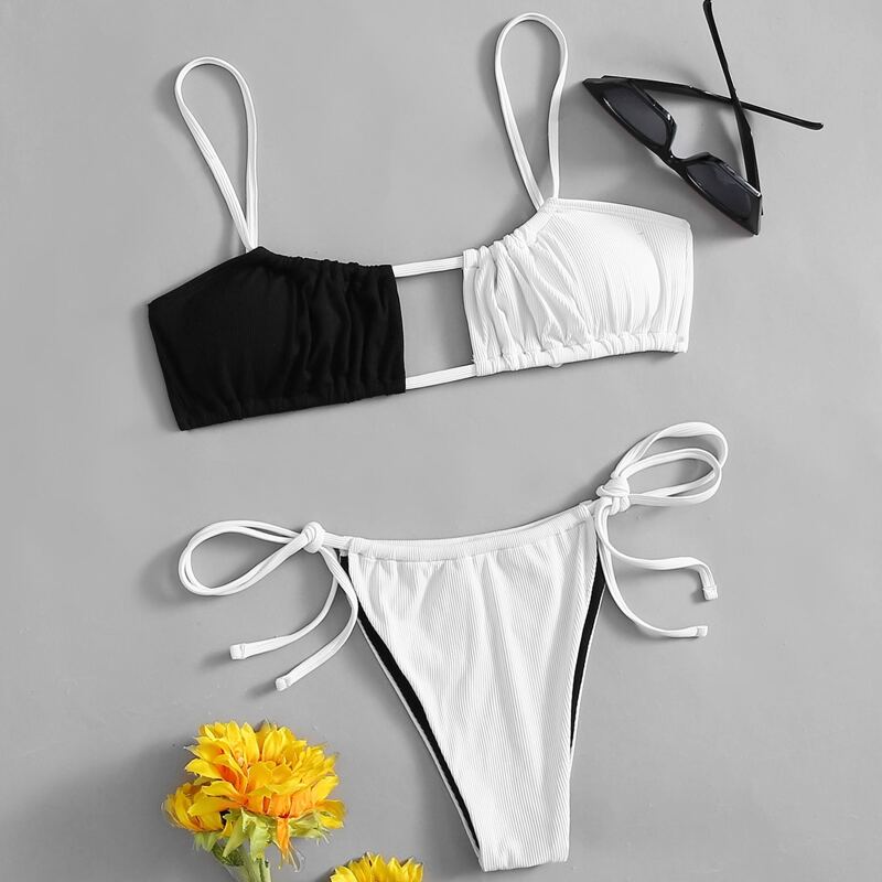 

Colorblock Tie Side Bikini Swimsuit, Black and white