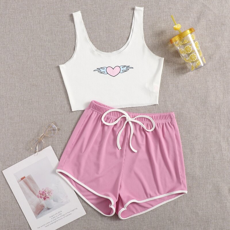 

Heart Print Tank Pajama Set, Multicolor