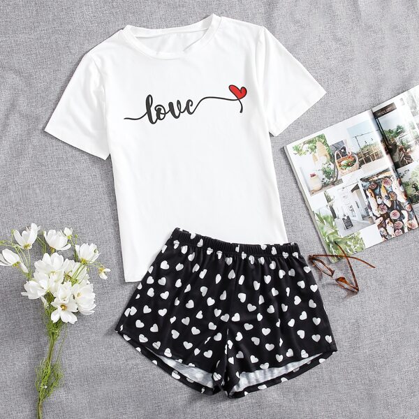 

Heart And Letter Print Pajama Set, Black and white
