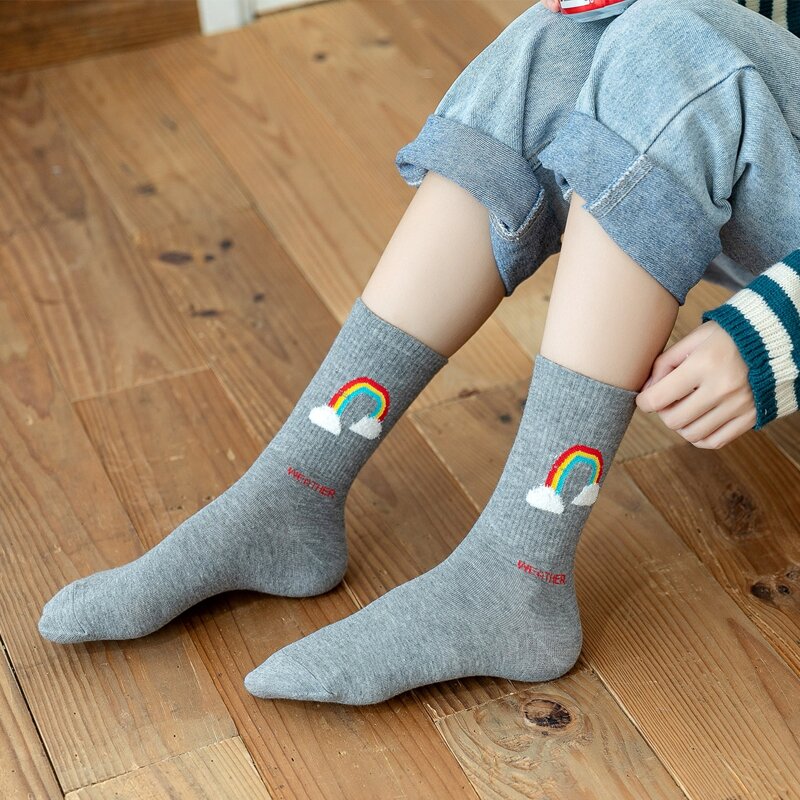 

1pair Rainbow Pattern Crew Socks, Grey