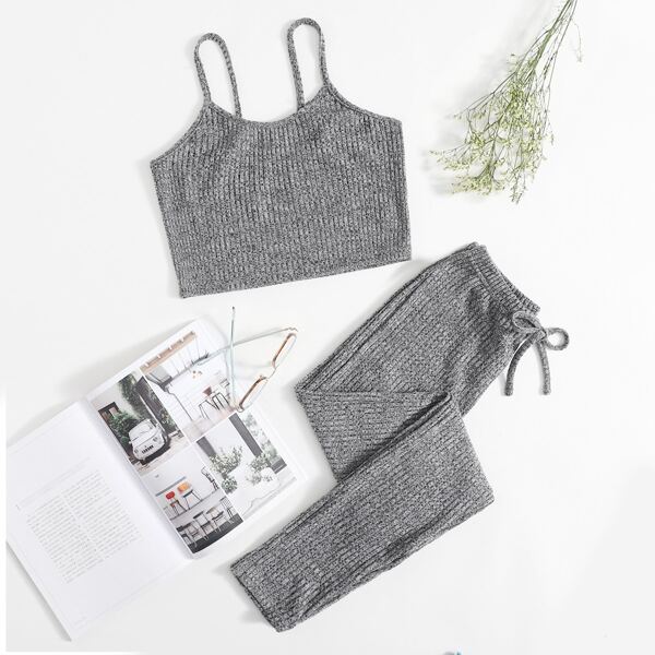 

Space Dye Knot Front Cami Lounge Set, Grey