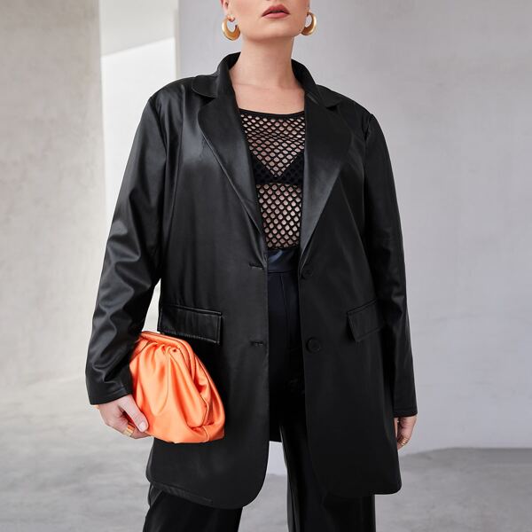 

Plus PU Lapel Neck Blazer, Black