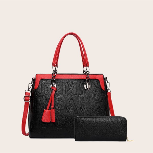 

Letter Embossed Tote Bag With Purse, Black
