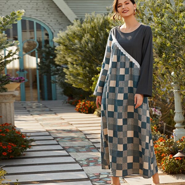 

Plaid Panel Lace Trim Tunic Dress, Multicolor