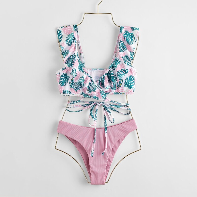 

Leaf Print Ruffle Bikini Swimsuit, Multicolor