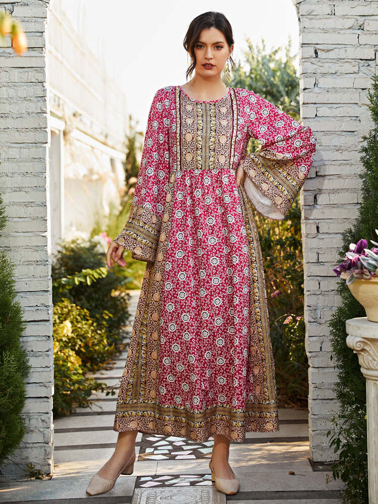 Divindia Ajrakh Print High Waist Ethnic Dress - Multicolor - View 1