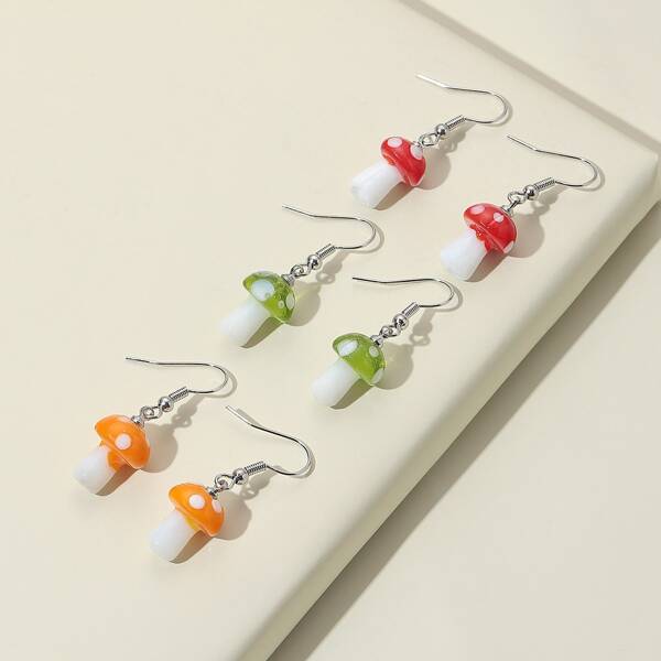 

3pairs Mushroom Charm Drop Earrings, Multicolor