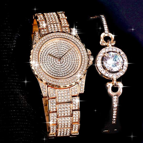 

1pc Rhinestone Decor Round Pointer Quartz Watch & 1pc Bracelet