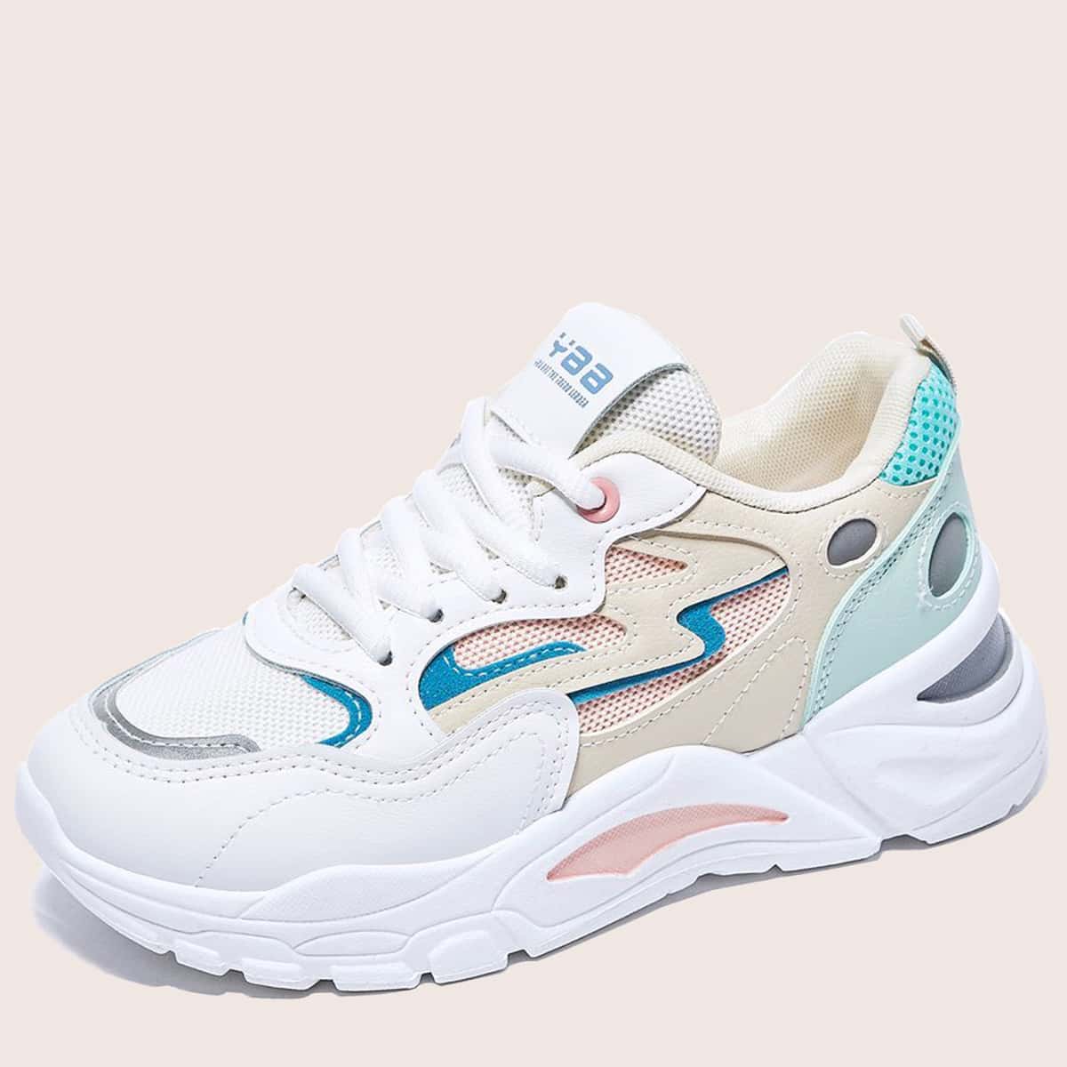 

Colorblock Lace-up Mesh Chunky Sneakers, White