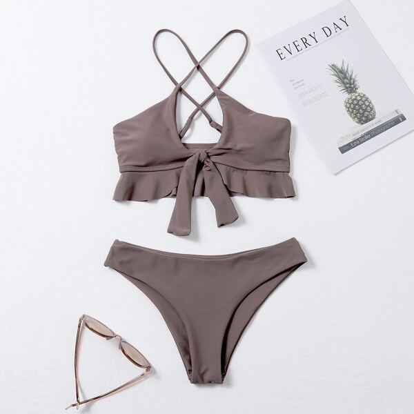 

Ruffle Hem Knot Bikini Swimsuit, Coffee brown