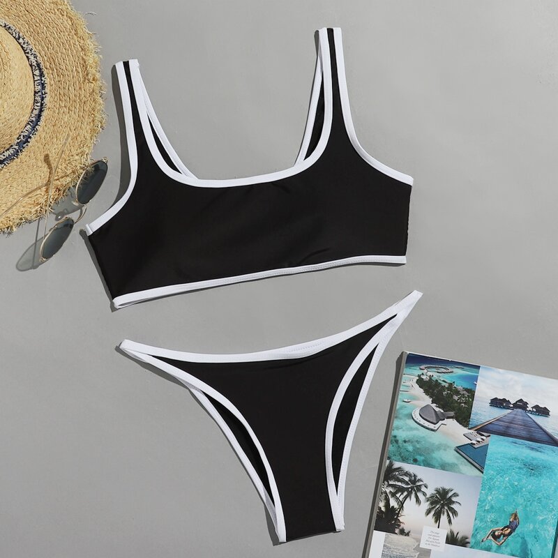 

Contrast Binding High Cut Bikini Swimsuit, Black