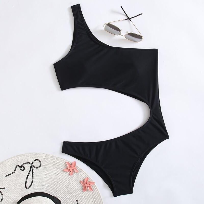 

One Shoulder Cut Out One Piece Swimsuit, Black