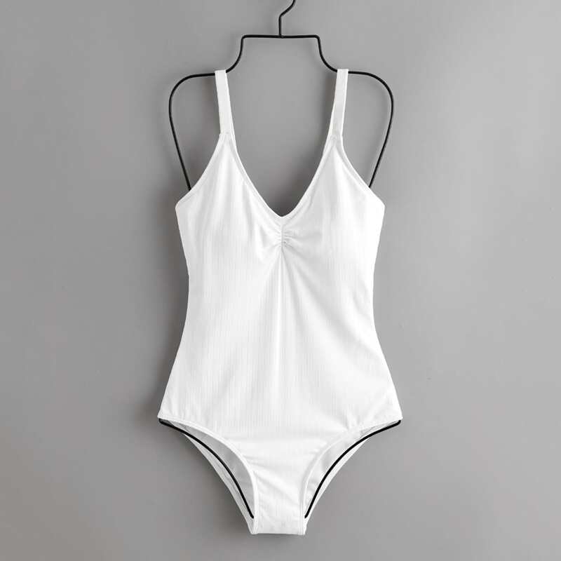 

Solid Ruched One Piece Swimsuit, White