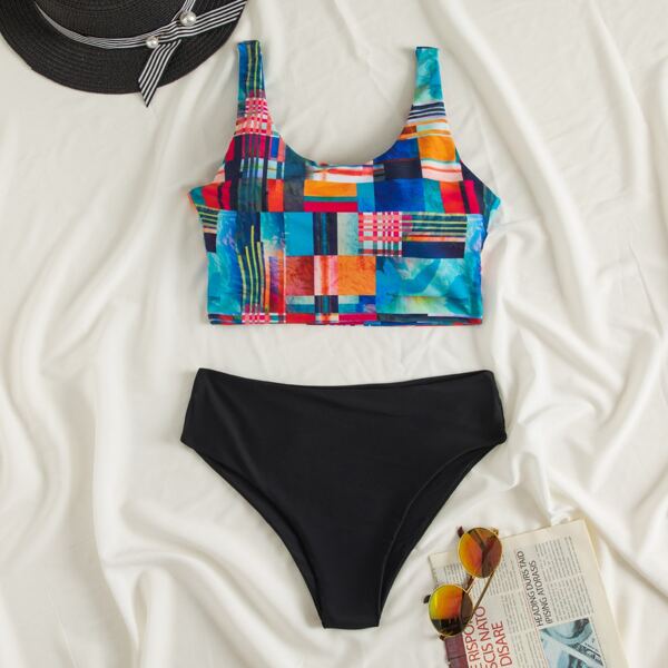 

Geo Print High Waisted Bikini Swimsuit, Multicolor