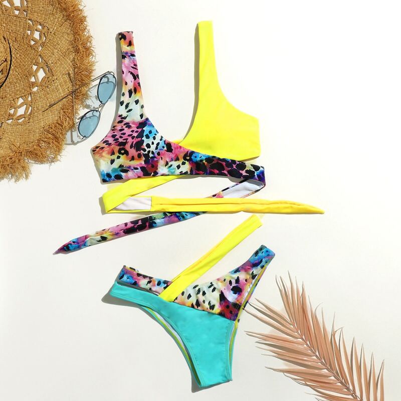 

Colorblock Allover Print Wrap Bikini Swimsuit, Multicolor