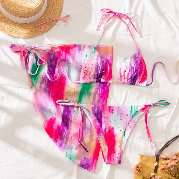 

3pack Brush Print Triangle Bikini Swimsuit & Beach Skirt, Multicolor