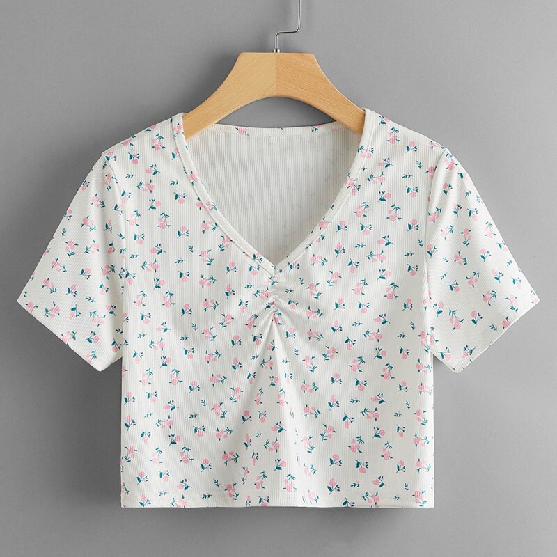 

Ditsy Flower Ruched Tee, White