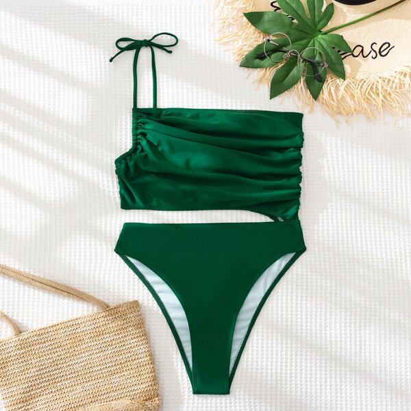 

Ruched Cut-out One Shoulder One Piece Swimsuit, Dark green