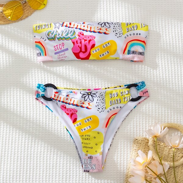 

Letter Graphic Ring Linked Bandeau Bikini Swimsuit, Multicolor