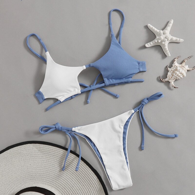

Colorblock Tie Side Bikini Swimsuit, Blue and white