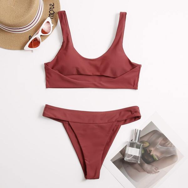 

Solid Cut Out Thong Bikini Swimsuit, Redwood