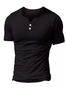 Manfinity Homme Áo thun nam có cổ một nửa nút - màu đen - Xem 1