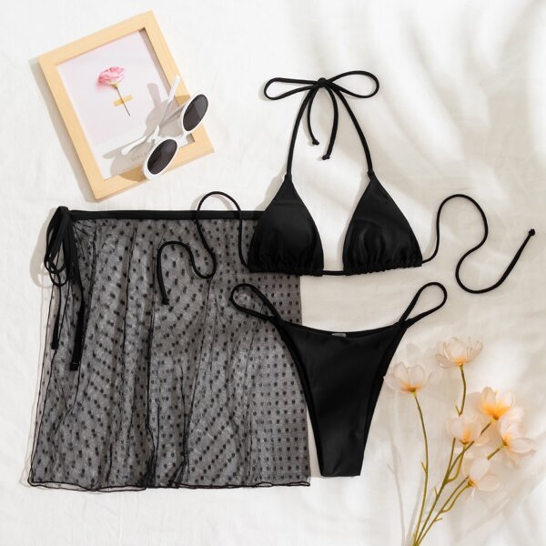 

3pack Halter Bikini Swimsuit & Sheer Beach Skirt, Black