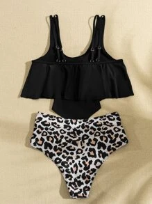 SHEIN Swim Bikini con volante de dobladillo de pañuelo con estampado de leopardo para playa de verano - Multicolor - Ver 2