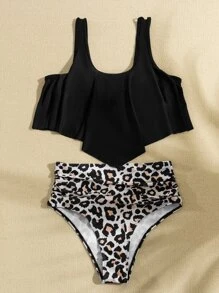 SHEIN Swim Bikini con volante de dobladillo de pañuelo con estampado de leopardo para playa de verano - Multicolor - Ver 4