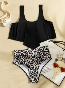 SHEIN Swim Bikini con volante de dobladillo de pañuelo con estampado de leopardo para playa de verano - Multicolor - Ver 6