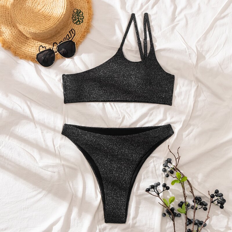

Glitter One Shoulder High Waisted Bikini Swimsuit, Black