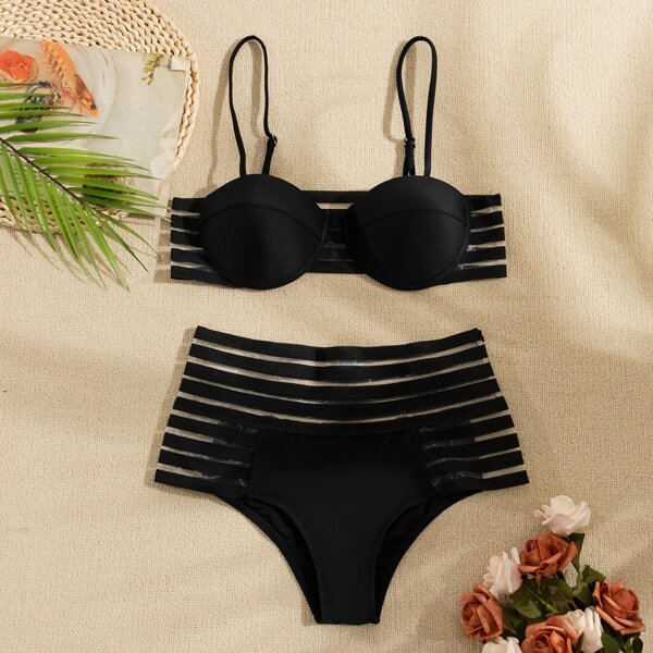 

Contrast Mesh Push Up Underwire Bikini Swimsuit, Black