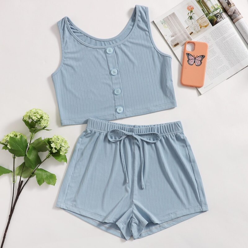 

Button Front Knot Lounge Set, Dusty blue