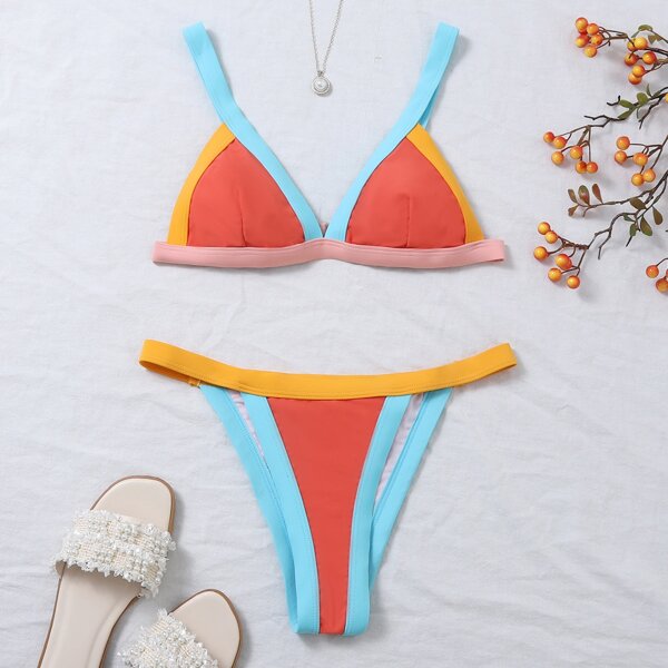 

Color Block Triangle Thong Bikini Swimsuit, Multicolor
