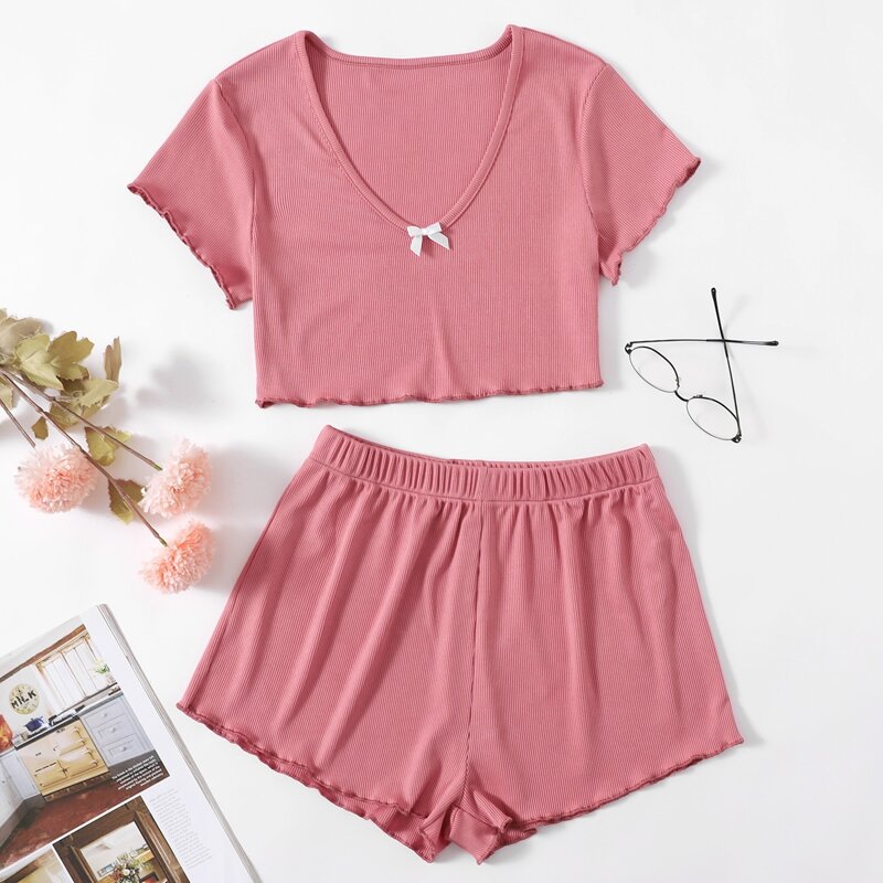 

Bow Front Tee With Shorts Lounge Set, Baby pink