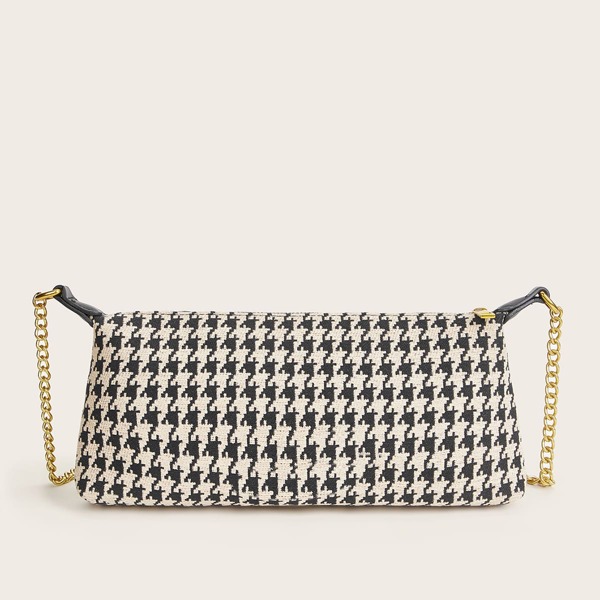 

Houndstooth Pattern Chain Shoulder Bag, Black and white