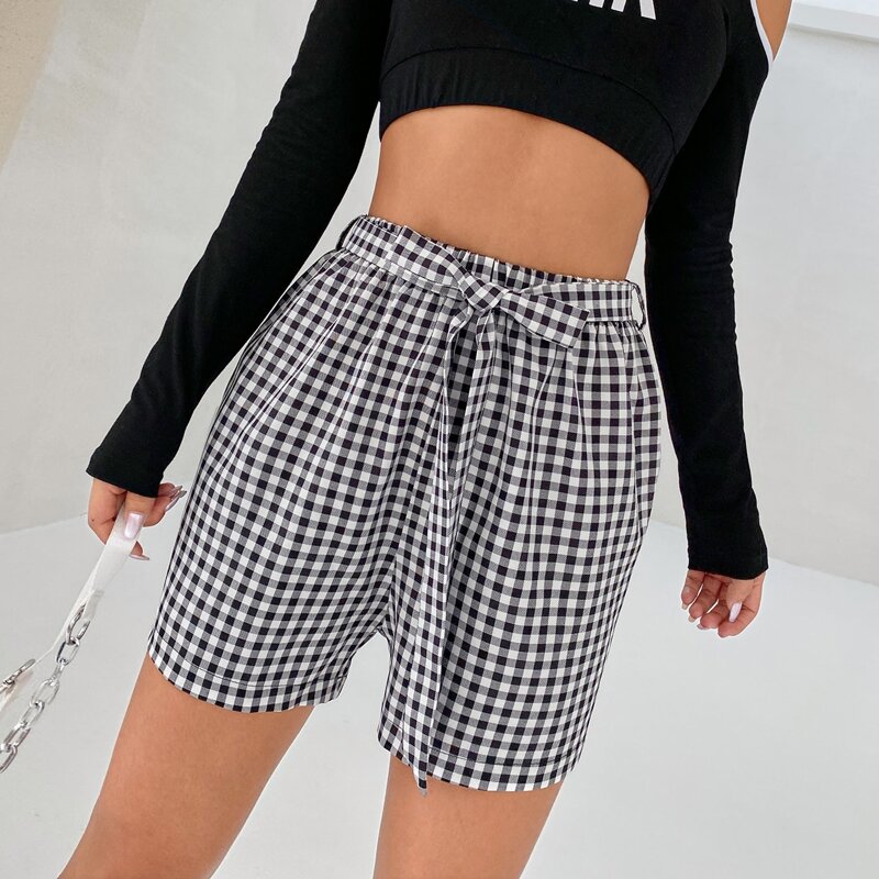

Plaid Belted Wide-leg Shorts, Black and white