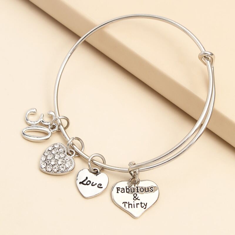 

Rhinestone Decor Heart Charm Bracelet, Silver