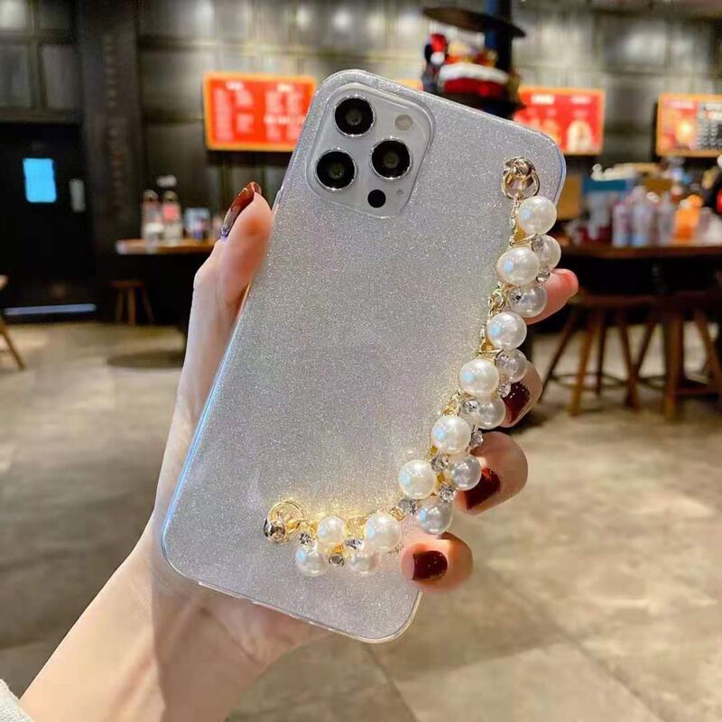 

Faux Pearl Hand Strap Glitter iPhone Case, Silver