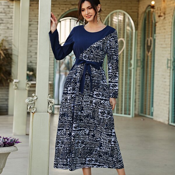 

Graphic Print Self Tie A-line Dress, Blue and white