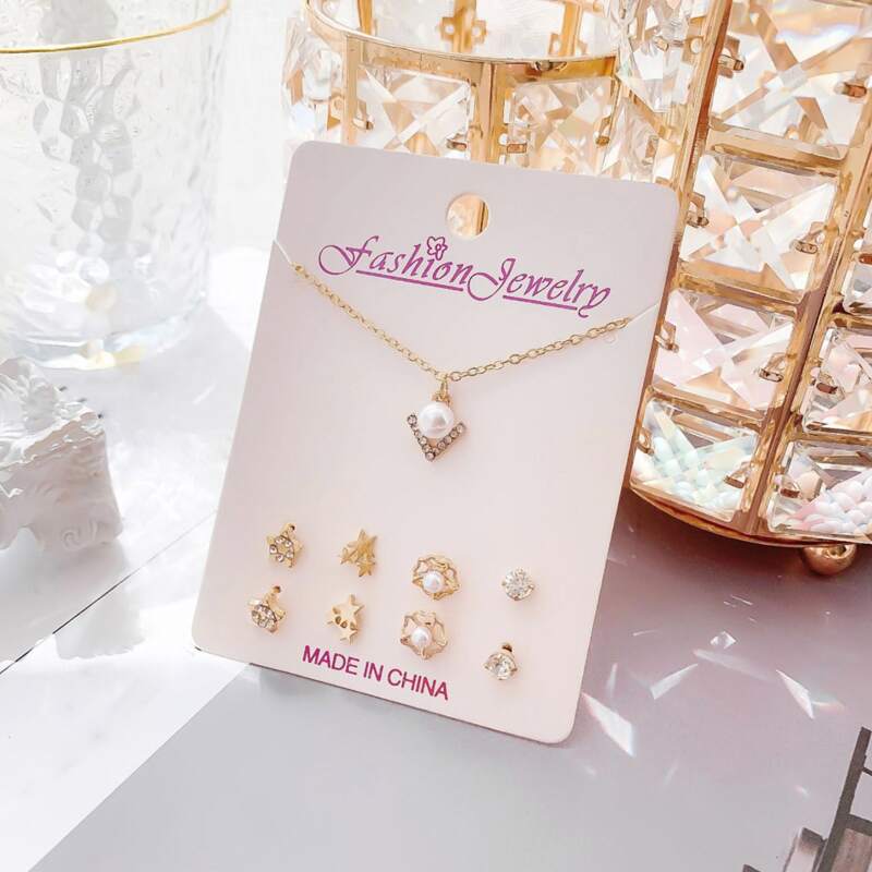 

1pc Rhinestone Pendant Necklace & 4pairs Stud Earrings, Gold