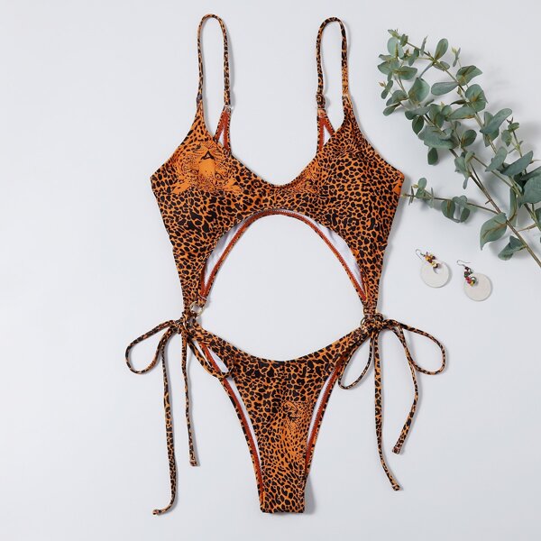 

Leopard Cut-out Tie Side One Piece Swimsuit, Multicolor
