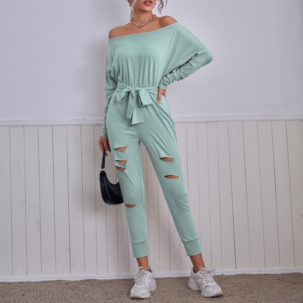 

Ripped Self Tie Bardot Jumpsuit, Mint green