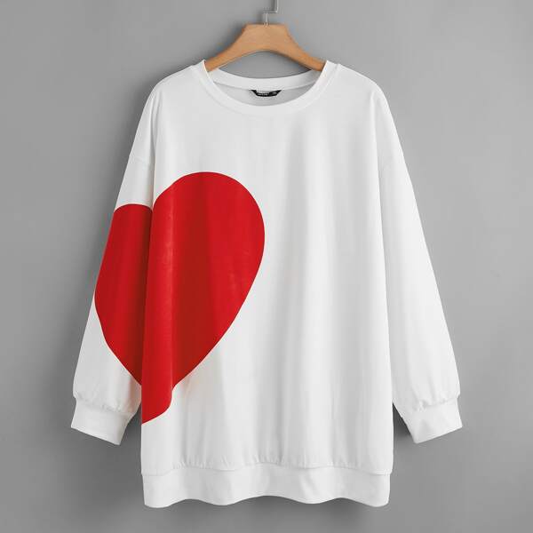 

Plus Heart Print Drop Shoulder Sweatshirt, White