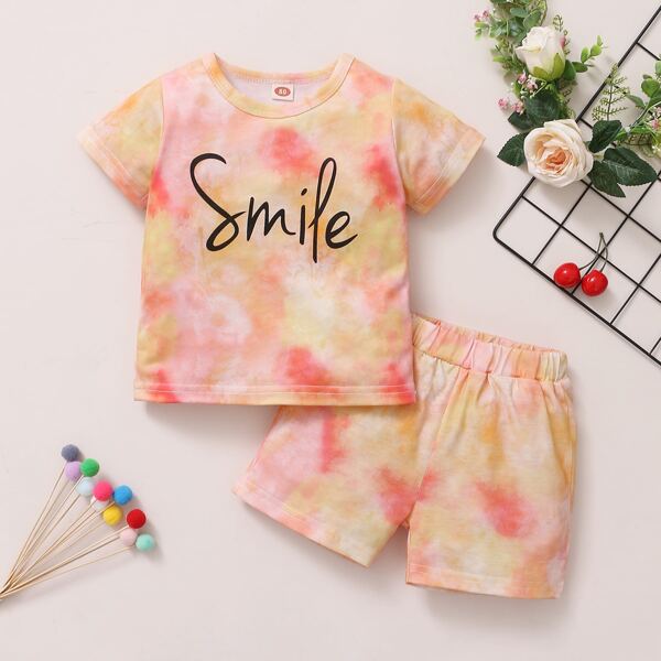 

Baby Girl Tie Dye Letter Graphic Tee & Shorts, Multicolor