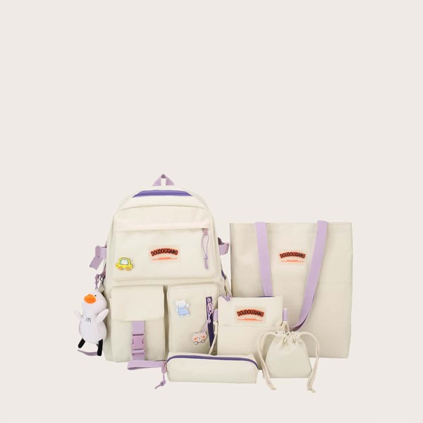 

5pcs Girls Pocket Front Backpack Set, Beige