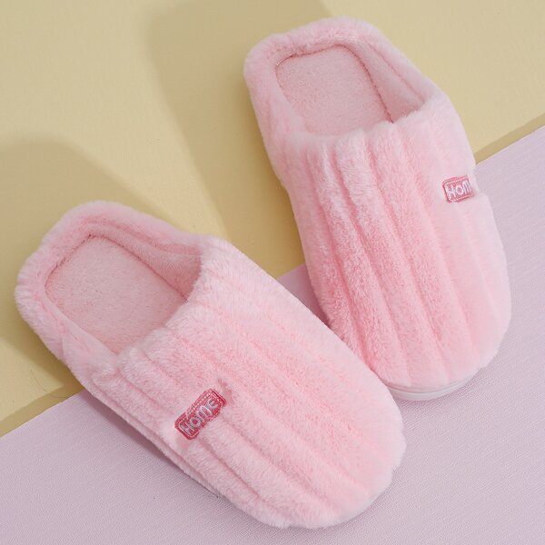 

Letter Embroidered Fluffy Bedroom Slippers, Pink